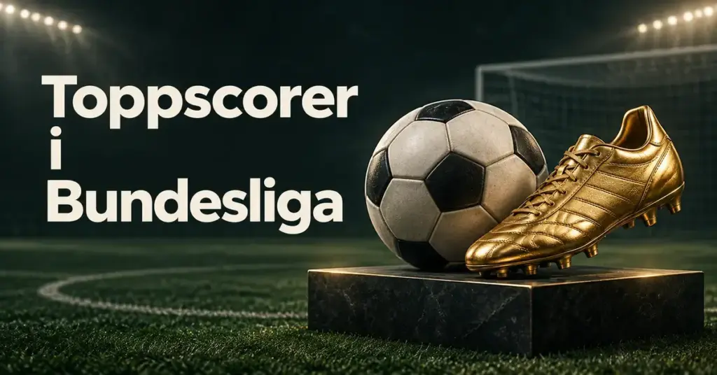 En fotball og en gyllen fotballsko på en sokkel foran et fotballmål, med teksten «Toppscorer i Bundesliga».