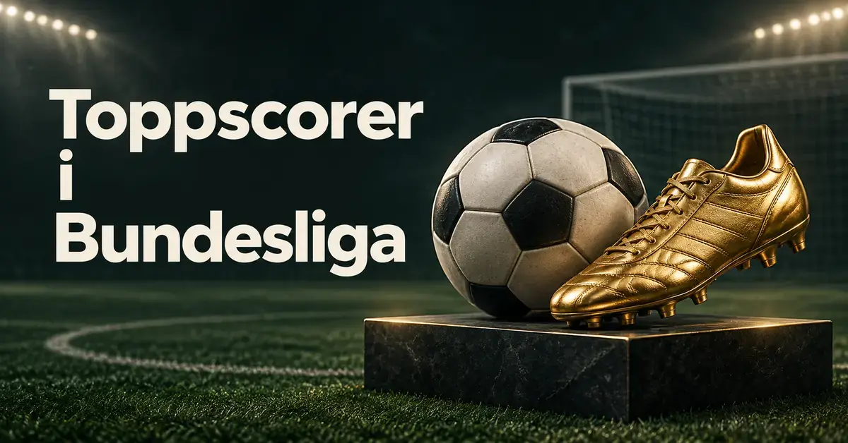 En fotball og en gyllen fotballsko på en sokkel foran et fotballmål, med teksten «Toppscorer i Bundesliga».