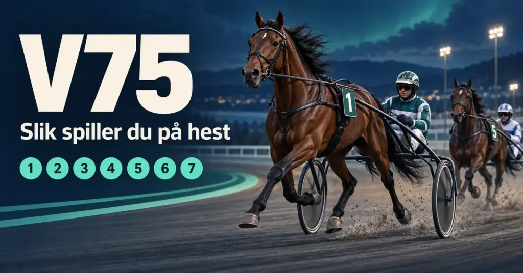 To travhester med kusker i sulky på en travbane, ved siden av teksten «V75 – Slik spiller du på hest» og tallene én til syv.