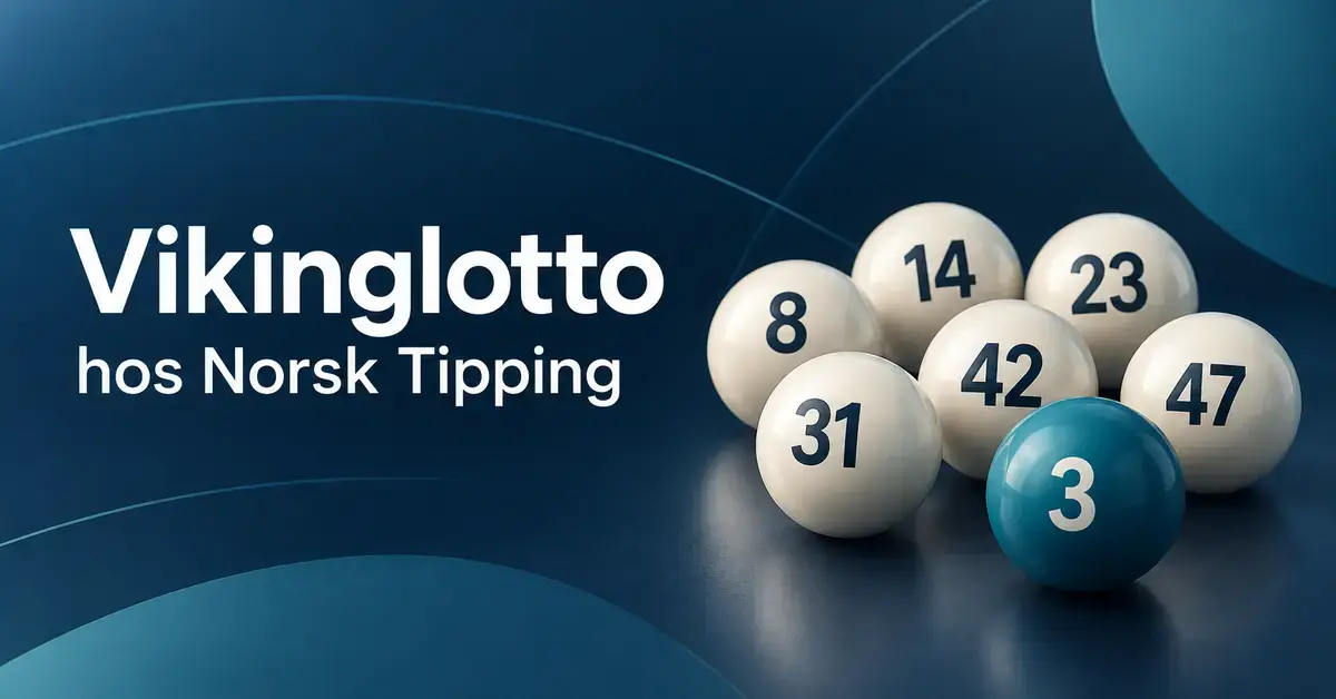 Seks lyse lottokuler og én turkis vikingtallkule på mørk blå bakgrunn ved siden av teksten «Vikinglotto hos Norsk Tipping».